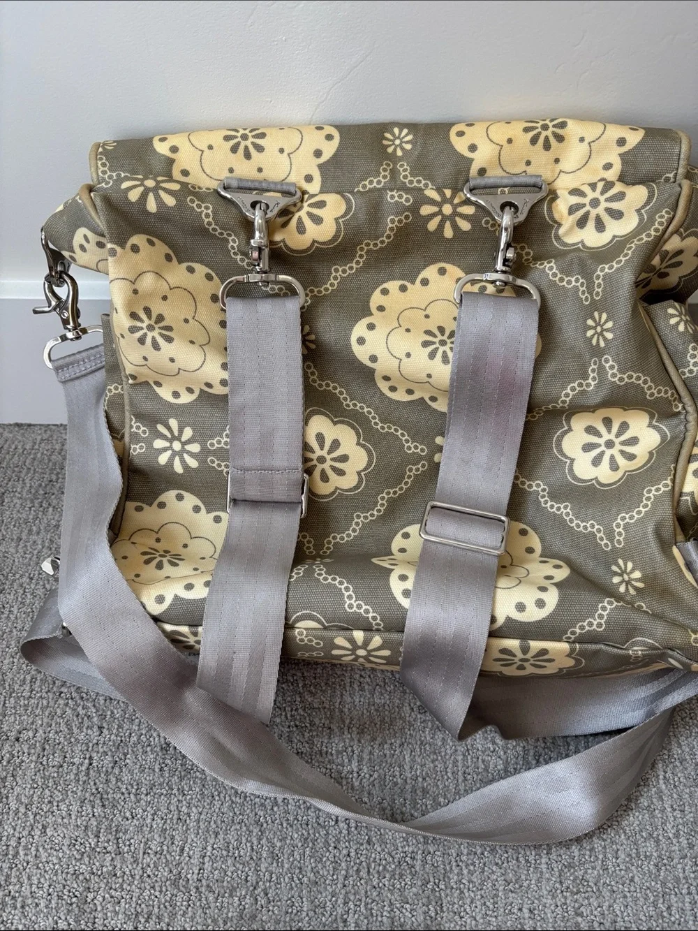 Petunia Pickle Bottom Gray Messenger Bag with Cream Floral Print
